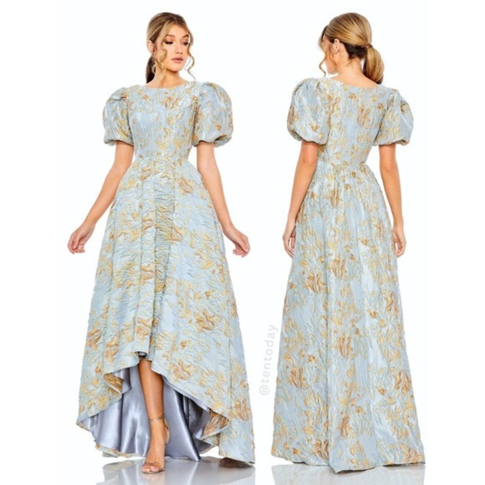 $798 Mac Duggal Size 14 Blue Gold Brocade Puff Sleeve High Low Maxi‎ Gown Dress